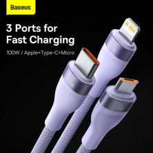 Кабель Baseus Flash Series 2 3-in-2 Fast Charging Data Cable  USB+Type-C to Lightning+Type-C+MicroUSB 100W 1.2m Фіолетовий