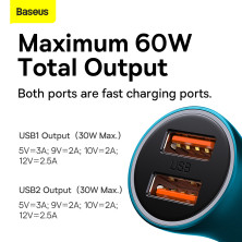 Автомобільний зарядний пристрій Baseus Golden Contactor Max Dual Fast Charger Car Charger 60W 2USB Блакитний