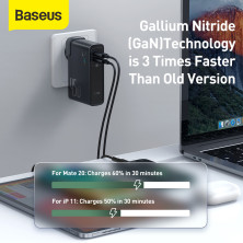 Сетевое зарядное устройство Baseus GaN 2in1 QC3.0+PD3.0 45W USB+Type-C 5A с функцией Павербанка 10000mAh + кабель Type-C 60W 20V/3A 1м Черный