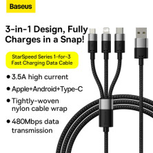 Кабель Baseus StarSpeed 3-in-1 Fast Charging Data Cable USB to Lightning+Type-C+MicroUSB 3.5А 0.6m Черный