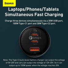 Автомобильное зарядное устройство Baseus Qualcomm QC 5 Technology Multi-Port Fast Charge Car Charger 160W USB+2Type-C + Кабель Type-C to Type-C 100W 1м Серый
