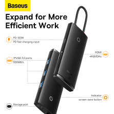 USB-хаб Baseus 5in1 Lite Series 5-Port Type-C HUB Adapter Type-C to USB3.0*3, Type-C(PD)*1, 4KHDMI Чорний