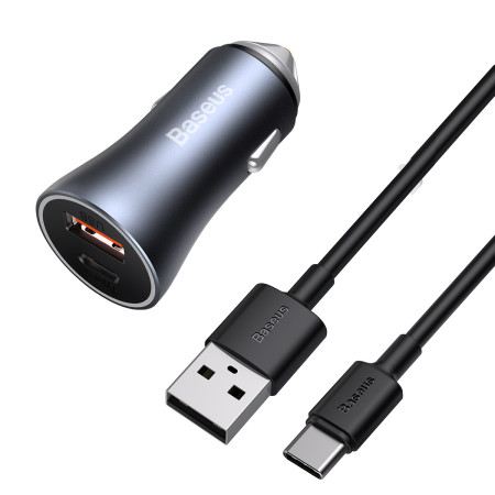 Автомобильное зарядное устройство Baseus Golden Contactor Pro Dual Quick Charger Car Charger 40W USB+Type-C + Кабель USB to Type-C 1м Серый