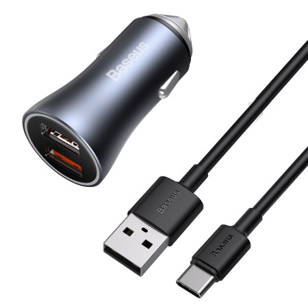 Автомобильное зарядное устройство Baseus Golden Contactor Pro Dual Quick Charger Car Charger 40W 2USB + Кабель USB to Type-C 1м Серый