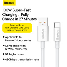 Кабель Baseus Superior Series Fast Charging Data Cable USB to Type-C 100W 20V 5A 0.25m Белый