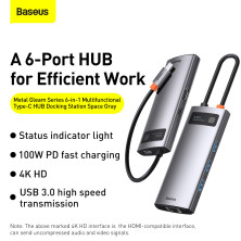 USB-хаб Baseus 6in1 Metal Gleam 6-Port Type-C HUB Adapter Type-C to USB3.0*3, Type-C(PD)*1, 4KHDMI, RJ45 Сірий