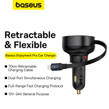 Автомобільний зарядний пристрій Baseus Enjoyment Pro Retractable 55W USB і з вбудованим кабелем Lightning 0.70м Чорний