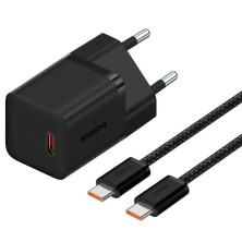 Мережевий зарядний пристрій Baseus GaN5 Mini Fast Charger 1C PD3.0 30W Type-C 3A + кабель Baseus Type-C to Type-C 100W 20V/5A 1м Чорний