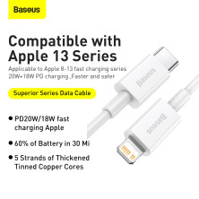 Кабель Baseus Superior Series Fast Charging Data Cable Type-C to Lightning PD 20W 1.5m Білий