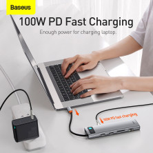 USB-хаб Baseus 11in1 Metal Gleam 11-Port Type-C HUB Adapter Type-C to USB3.0*3, Type-C(PD)*1, 4KHDMI*2, VGA, RJ45, AUX, TF, SD Серый