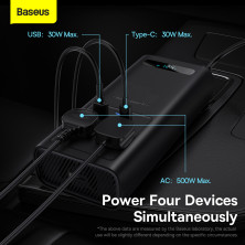 Автомобильный инвертор Baseus Super Si Inverter 500W (220V CN/EU) 2Розетки+USB+Type-C 3A с технологией QC3.0+PD3.0 Черный