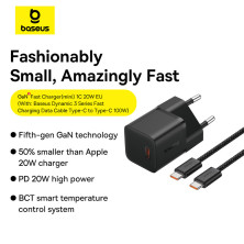 Мережевий зарядний пристрій Baseus GaN5 Mini Fast Charger 1C PD3.0 20W Type-C 3A + кабель Baseus Type-C to Type-C 100W 20V/5A 1м Чорний