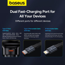 Автомобільний зарядний пристрій Baseus Enjoyment Pro Retractable 60W Type-C і з вбудованим кабелем 2-in-1 Type-C и Lightning  0.70м Чорний