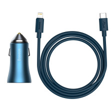 Автомобильное зарядное устройство Baseus Golden Contactor Pro Dual Quick Charger Car Charger 40W USB+Type-C + Кабель Type-C to Lightning 1м Голубой