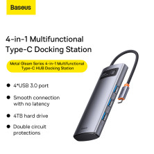 USB-хаб Baseus 4in1 Metal Gleam 4-Port Type-C HUB Adapter Type-C to USB3.0*4 Сірий