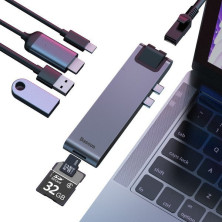 USB-хаб Baseus 7in1 Thunderbolt C + Pro 7-Port Type-C HUB Adapter Type-C*2 to USB3.0*2, Type-C*1, 4KHDMI, RJ45, SD, MicroSD Сірий