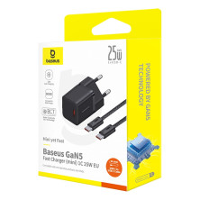 Мережевий зарядний пристрій Baseus GaN5 Mini Fast Charger 1C PD3.0 25W Type-C 3A + кабель Baseus Type-C to Type-C 100W 20V/5A 1м Чорний