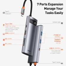 USB-хаб Baseus 7in1 Metal Gleam 7-Port Type-C HUB Adapter Type-C to USB3.0*2, Type-C(PD)*1, Type-C*1, 4KHDMI, TF, SD Серый