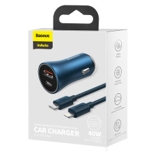 Автомобильное зарядное устройство Baseus Golden Contactor Pro Dual Quick Charger Car Charger 40W USB+Type-C + Кабель Type-C to Lightning 1м Голубой