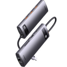USB-хаб Baseus 8in1 StarJoy 8-Port Type-C HUB Adapter Type-C to USB3.1*3, Type-C(PD)*1, 4KHDMI, RJ45,TF, SD Сірий