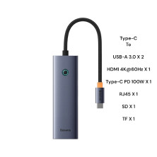 USB-хаб Baseus 7in1 Flite 7-Port Type-C HUB Adapter Type-C to USB3.0*2, Type-C(PD)*1, 4KHDMI, RJ45, SD/TF 3.0 Сірий