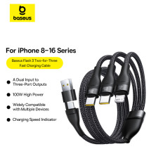 Кабель Baseus Flash Series 3 3-in-2 Fast Charging Data Cable  USB+Type-C to Lightning+Type-C+Type-C 100W 1.5m Чорний