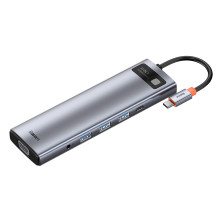 USB-хаб Baseus 11in1 Metal Gleam 11-Port Type-C HUB Adapter Type-C to USB3.0*3, Type-C(PD)*1, 4KHDMI*2, VGA, RJ45, AUX, TF, SD Сірий