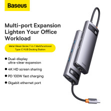 USB-хаб Baseus 7in1 Metal Gleam 7-Port Type-C HUB Adapter Type-C to USB3.0*3, Type-C(PD)*1, 4KHDMI*2, RJ45 Серый