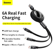 Кабель Baseus Bright Mirror Retractable 3-in-1 Fast Charging Data Cable USB to Lightning+Type-C+MicroUSB 66W 1.2m Чорний