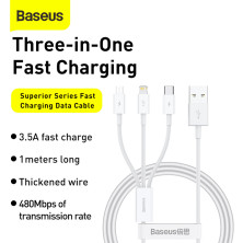 Кабель Baseus Superior Series 3-in-1 Fast Charging Data Cable USB to Lightning+Type-C+MicroUSB 3.5А 1m Білий