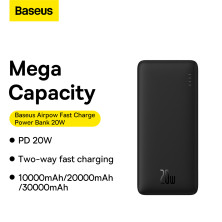 УМБ Baseus Airpow Fast Charge 10000mAh 20W 3A з технологією QC3.0+PD3.0 USB+Type-C + Кабель USB to Type-C Чорний