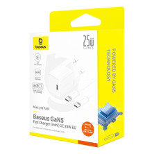 Мережевий зарядний пристрій Baseus GaN5 Mini Fast Charger 1C PD3.0 25W Type-C 3A + кабель Baseus Type-C to Type-C 100W 20V/5A 1м Білий