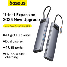 USB-хаб Baseus 11in1 Metal Gleam 11-Port Type-C HUB Adapter Type-C to USB3.0*3, USB2.0*1,Type-C(PD)*1, 4KHDMI*1, VGA, RJ45, TF, SD Серый