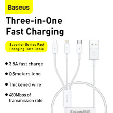 Кабель Baseus Superior Series 3-in-1 Fast Charging Data Cable USB to Lightning+Type-C+MicroUSB 3.5А 0.5m Белый