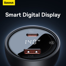 Автомобильное зарядное устройство Baseus Digital Display PD 3.1 Dual Fast Charger Car Charger 140W USB+Type-C + Кабель Type-C to Type-C 240W 1м Черный