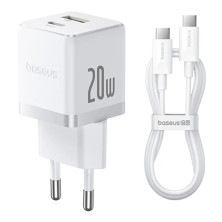 Мережевий зарядний пристрій Baseus Palm Fast Charger QC3.0+PD3.0 20W USB+Type-C 3A + Кабель Type-C to Type-C 60W 20V/3A 1м Білий