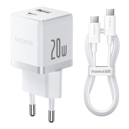 Сетевое зарядное устройство Baseus Palm Fast Charger QC3.0+PD3.0 20W USB+Type-C 3A + Кабель Type-C to Type-C 60W 20V/3A 1м Белый
