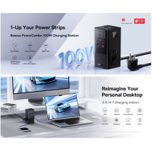 Мережевий зарядний пристрій Baseus PowerCombo Tower PowerStrip 100W 2AC+2USB+2Type-C 5A Чорний