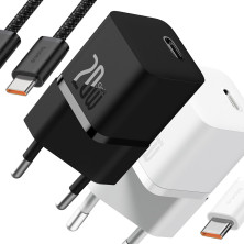Мережевий зарядний пристрій Baseus GaN5 Mini Fast Charger 1C PD3.0 20W Type-C 3A + кабель Baseus Type-C to Type-C 100W 20V/5A 1м Чорний