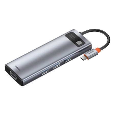 USB-хаб Baseus 9in1 Metal Gleam 9-Port Type-C HUB Adapter Type-C to USB3.0*3, Type-C(PD)*1, 4KHDMI, VGA, RJ45, TF, SD Серый