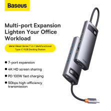 USB-хаб Baseus 7in1 Metal Gleam -Port Type-C HUB Adapter Type-C to USB3.0*3, Type-C(PD)*1, 4KHDMI, VGA, RJ45 Сірий