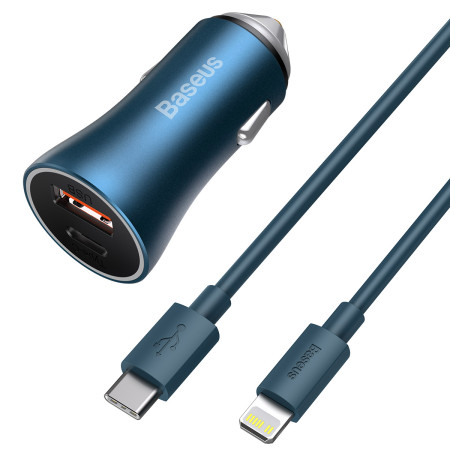 Автомобильное зарядное устройство Baseus Golden Contactor Pro Dual Quick Charger Car Charger 40W USB+Type-C + Кабель Type-C to Lightning 1м Голубой