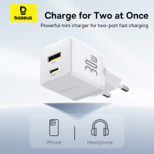 Сетевое зарядное устройство Baseus Palm Fast Charger QC3.0+PD3.0 30W USB+Type-C 3A + Кабель Type-C to Type-C 60W 20V/3A 1м Белый