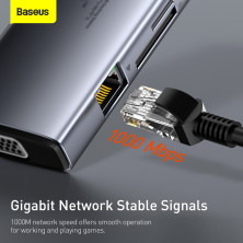 USB-хаб Baseus 9in1 Metal Gleam 9-Port Type-C HUB Adapter Type-C to USB3.0*3, Type-C(PD)*1, 4KHDMI, VGA, RJ45, TF, SD Серый