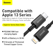Кабель Baseus Superior Series Fast Charging Data Cable Type-C to Lightning PD 20W 2m Чорний