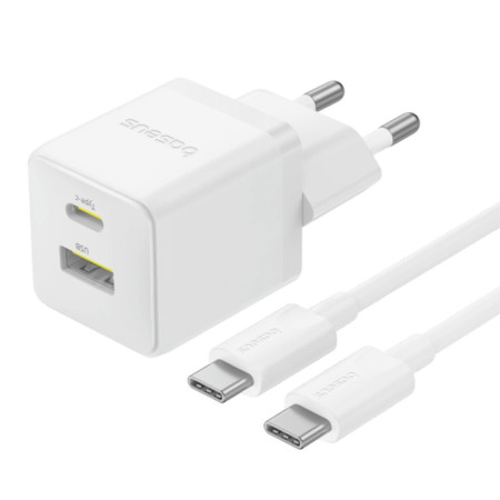 Сетевое зарядное устройство Baseus Palm Fast Charger QC3.0+PD3.0 30W USB+Type-C 3A + Кабель Type-C to Type-C 60W 20V/3A 1м Белый