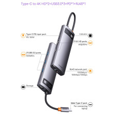 USB-хаб Baseus 7in1 Metal Gleam 7-Port Type-C HUB Adapter Type-C to USB3.0*3, Type-C(PD)*1, 4KHDMI*2, RJ45 Серый