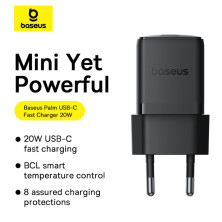 Сетевое зарядное устройство Baseus Palm Fast Charger 1C PD3.0 20W Type-C 3A + Кабель Type-C to Type-C 60W 20V/3A 1м Черный