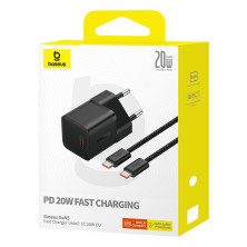 Мережевий зарядний пристрій Baseus GaN5 Mini Fast Charger 1C PD3.0 20W Type-C 3A + кабель Baseus Type-C to Type-C 100W 20V/5A 1м Чорний