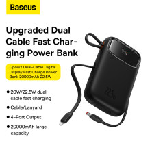 УМБ Baseus Qpow2 Dual-Cable 20000mAh 22.5W 2.4A с технологией QC3.0+PD3.0 и iP 20W+Type-C 22.5W кабелем Черный